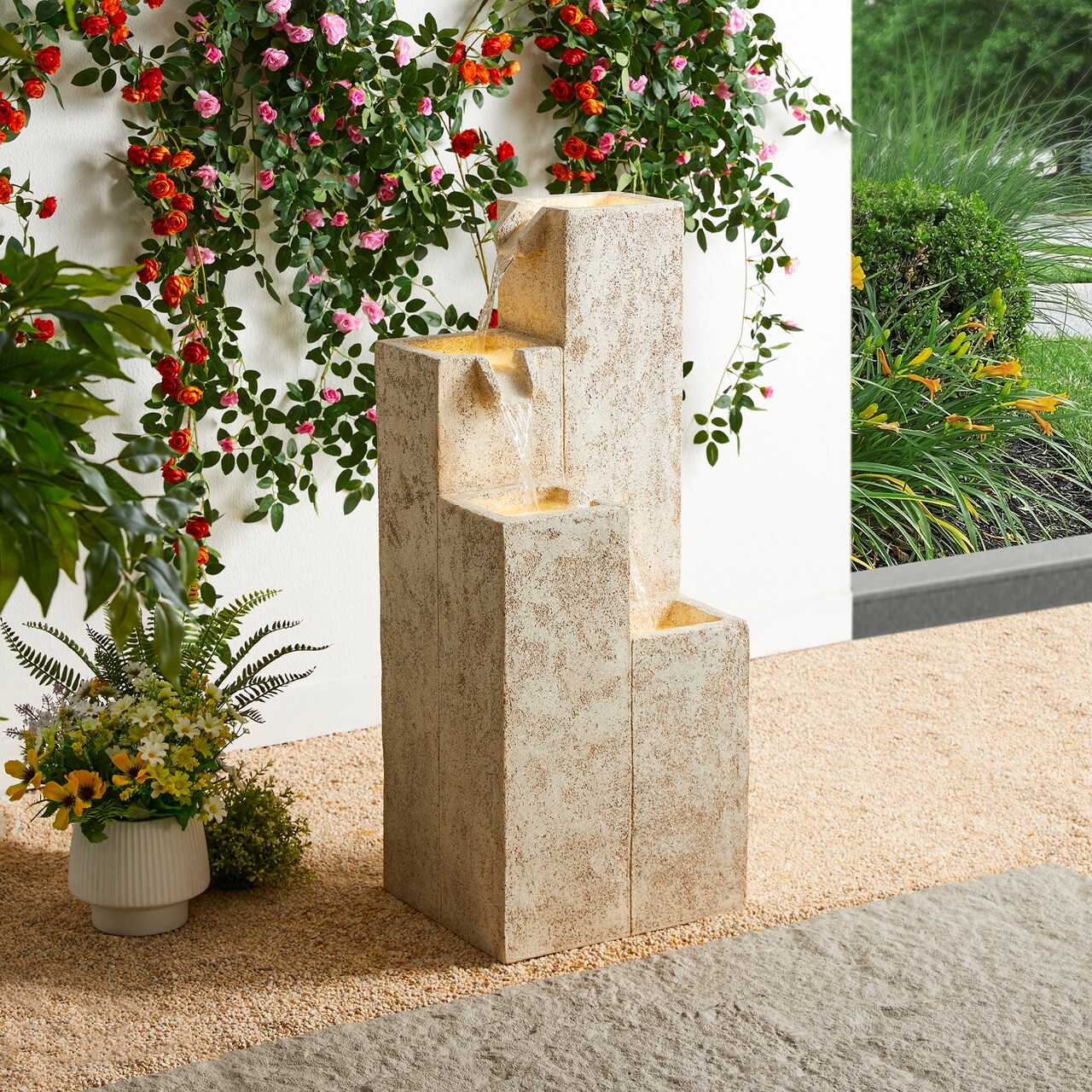 34.00"H Mid-Century Modern 4-Tier Faux Terrazzo Geometric Square Column Polyresin Outdoor Floor Fountain with Pump and LED Light